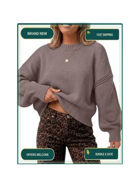 Oversized Cropped Batwing Knit Sweater Crew Neck Ribbed Pullover